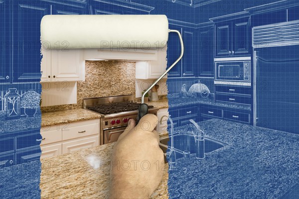 Before and after of man painting roller to reveal custom kitchen photograph under blueprint sketch