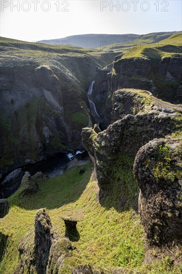 Fjaðrárgljúfur Canyon, Fjadrargljufur, rock formations in rugged deep canyon with river in the