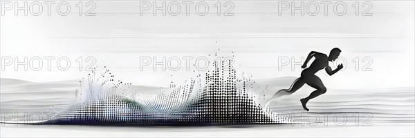 Wave of data points shaping into a runners silhouette, abstract illustration in black and white,
