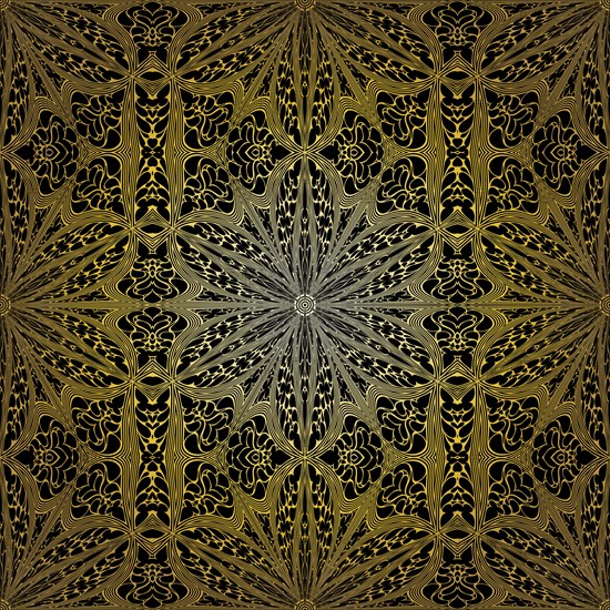 Geometric gold lace seamless pattern. Arabic tile lattice vector background.