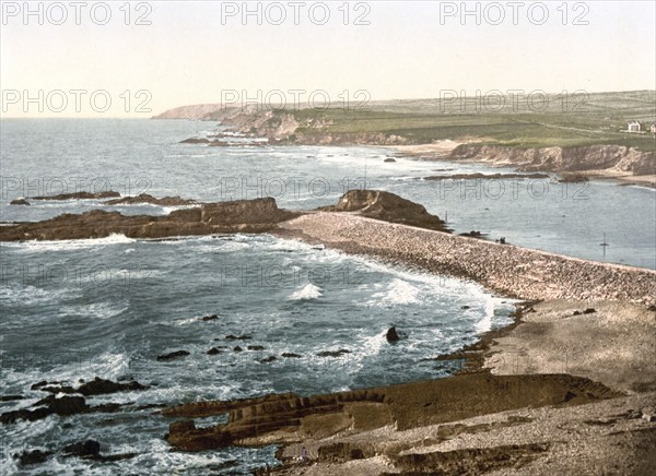 Bude, entrance to the harbour and breakwater, village on the north coast of the county of Cornwall