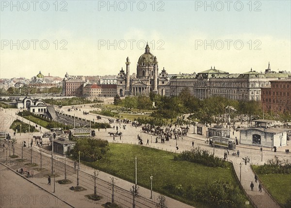 Der Karlsplatz mit der Karlskirche, Wien, Österreich, digital restaurierte Reproduktion eines