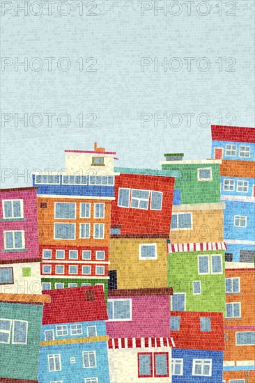 Colored houses of a favela. Graphic art vector mosaic