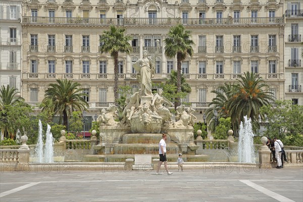 Fontaine de la Fédération built in 1890, Palm trees and Grand Hotel, Fountain, Fountain, People,