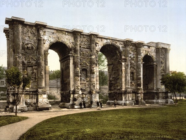 The Gate of Mars, Porte de Mars, a Gallo-Roman arch of honour in Reims, Grand Est, France, ca 1890,
