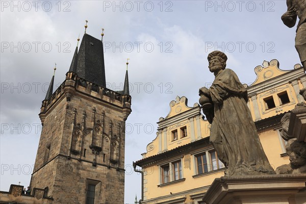 Part of the monument, The Saints on Charles Bridge and the Lesser Town Bridge Tower, Prague, Czech