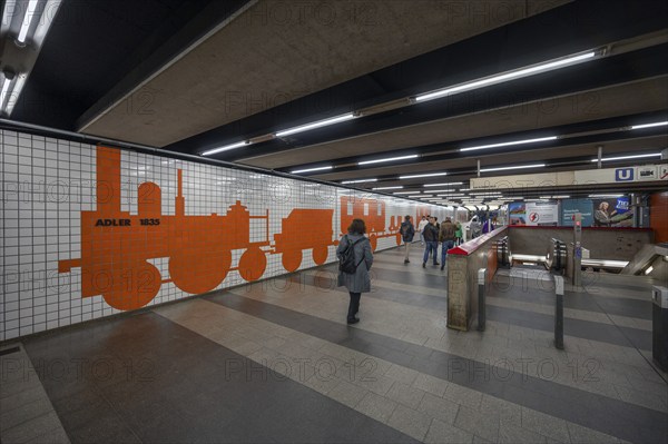 Underground station with mosaic of the first railway on the walls, Am Plärrer, Nuremberg, Middle
