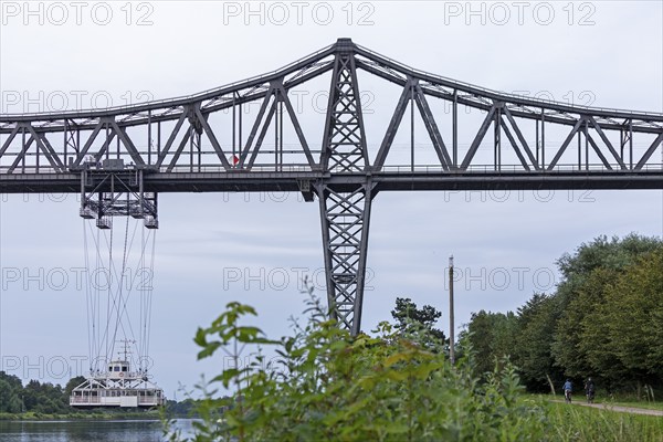 High bridge, transporter bridge, cyclist, Kiel Canal, Rendsburg, Schleswig-Holstein, Germany,