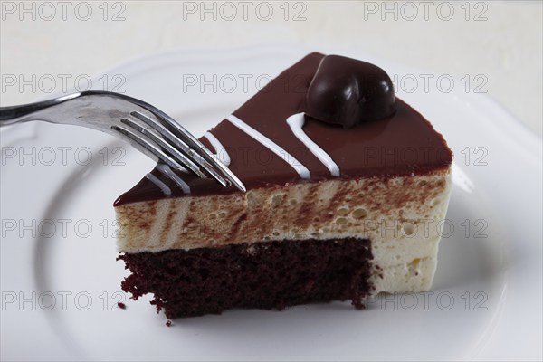 Slice of cake, bird's milk, chocolate sponge cake with souffle, sweet dessert, on a white plate,