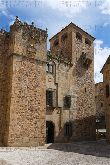 A stone building with ornately decorated towers and a Tor tor, palace, Palacio de los Golfinos de