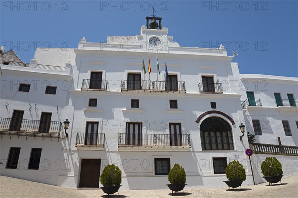 Representative white building with balconies and flags on the roof under a clear sky, town hall,