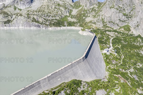 Dam of reservoir Lake Albigna near village Vicosoprano, Bergell, Switzerland, Europe