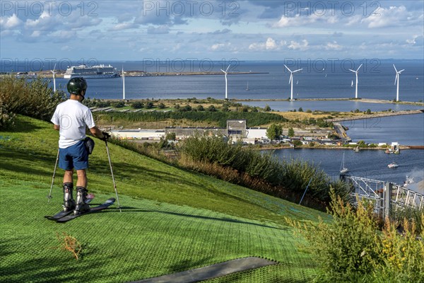 CopenHill, waste incineration plant and artificial ski slope, skiing with a view of the Øresund, 90