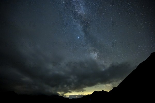 Milky Way and starry sky with Montafon mountains, Tschagguns, Rätikon, Montafon, Vorarlberg,