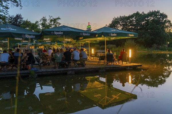 Grugapark, beer garden water garden, at the main entrance, Grugaturm, Essen, Germany, Europe