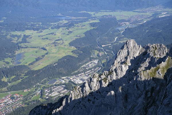 View from the Karwendel to the Karwendel barracks, Mittenwald, Werdenfelser Land, Alps, Bavaria,