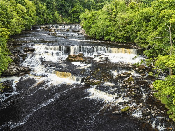 Aysgarth Falls on River Ure from a drone, Yorkshire Dales National Park, North Yorkshire, Englan