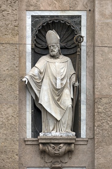 Figure of a saint on the main façade of the Gesú Church, Via di Porta Soprana, 2, Genoa, Italy,