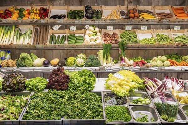 Market stall with a wide range of local and exotic vegetables in the Markthalle Stuttgart,