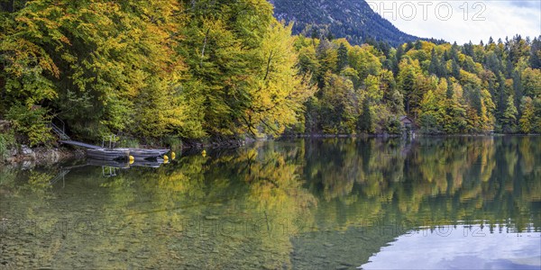 Freibergsee lake in autumn, near Oberstdorf, with the Allgäu Alps behind it, Allgäu, Bavaria,
