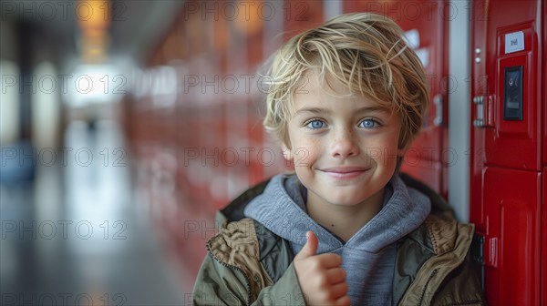 Cute caucasian school boy giving a thumbs up in the hallway of his school. generative AI, AI
