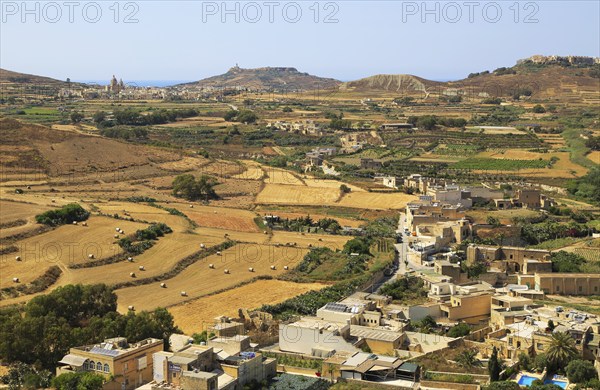 Rural landscape view from Rabat Victoria west towards Gharb, Gozo, Malta, Europe