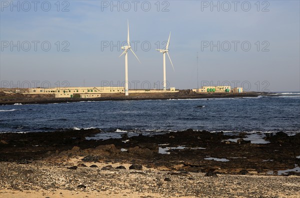 Wind turbines and desalination plant at Corralejo, Fuerteventura, Canary Islands, Spain, Europe