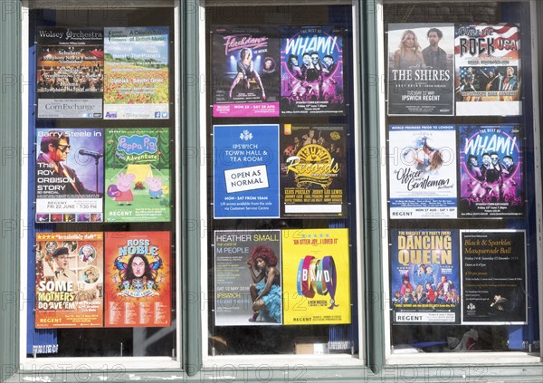 Poster display of forthcoming events and performances, Regent theatre, Ipswich, Suffolk, England,