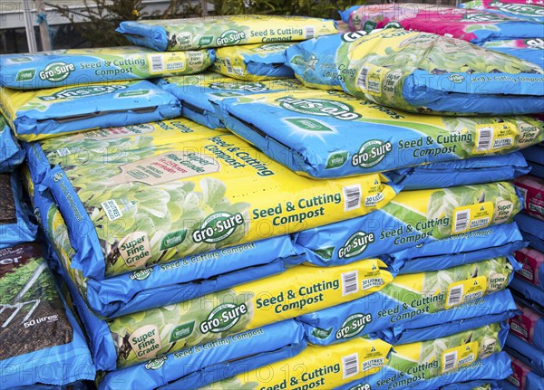 Bags of seed and cutting compost on sale Ladybird Nurseries garden centre, Gromford, Suffolk,