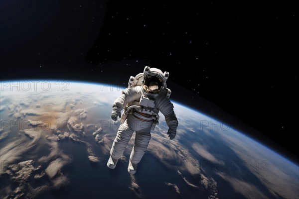 Astronaut Floating Above Earth in Space with extravehicular mobility unit and backpack. Wonder and