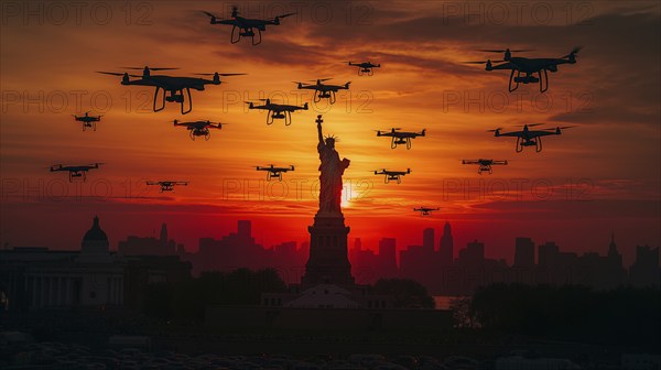 Swarm of UAV unmanned aircraft drones flying near the United States statue of liberty in new york,