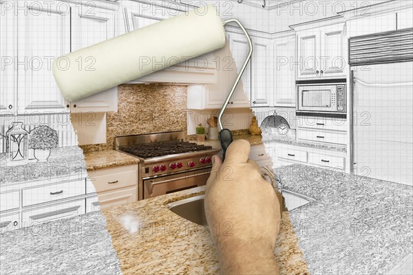 Before and after of man painting roller to reveal custom kitchen photograph under pencil sketch