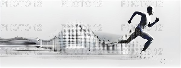 Wave of data points shaping into a runners silhouette, abstract illustration in black and white,