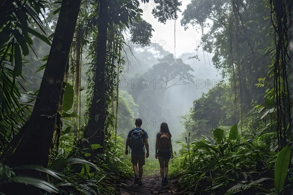 Adventurous couple hiking through dense amazon rainforest, AI generated
