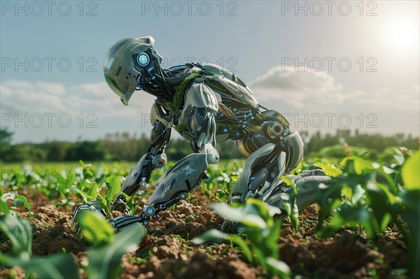 Vegetable humanoid robot working in a crop field, AI generated