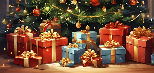 Abstract illustration of wrapped Christmas gifts, shiny ribbons and bows, stacked under a evergreen