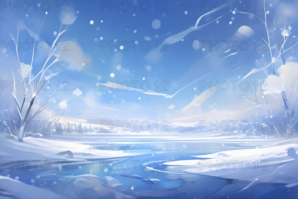 Abstract illustration of dreamy, icy landscape with swirling blues, whites, and silvers, evoking