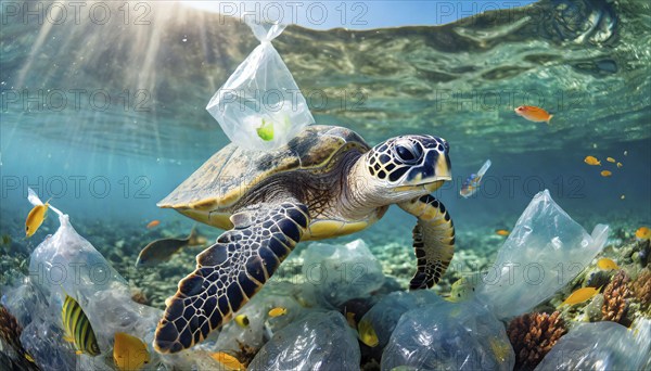 Symbolism, waste problem, plastic waste drifting in the sea and endangering animals, sea turtle,