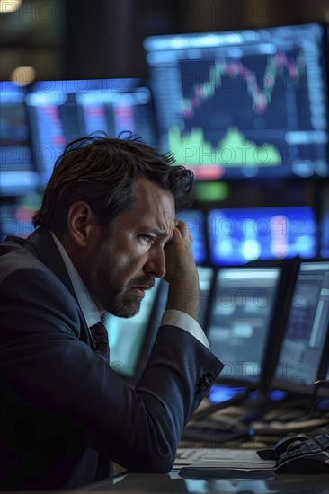 Stock trader in stress and panic in a market crash, AI generated