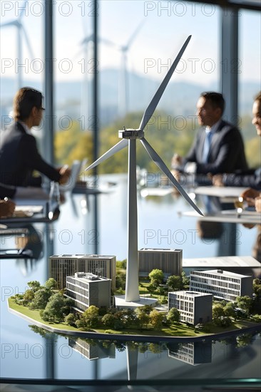 Business professionals engaged with a scale model of a wind turbine adjacent to miniature houses,