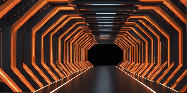 Abstract geometric pattern tunnel structure embodying data streams and communication in orange