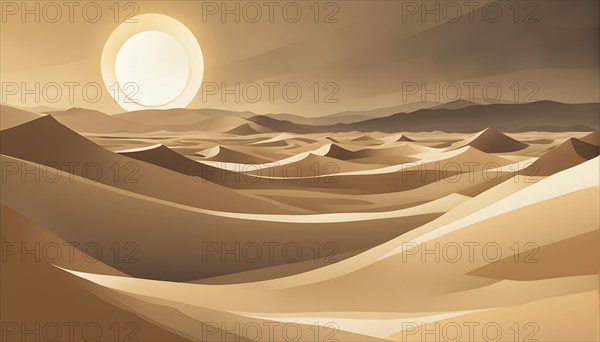 Abstract desert scene with triangular sand dunes and a single circular sun, using sharp lines and