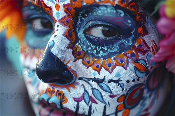 Close up of woman's face with colorful Halloween Dia de los Muertos costume face paint. Generative