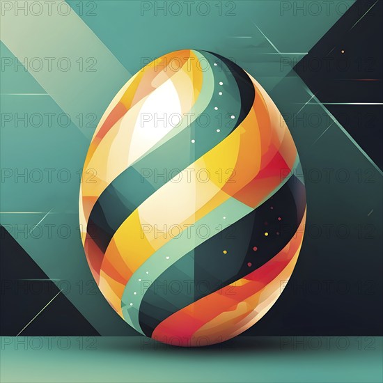 Abstract Easter egg design with geometric patterns, bold colors, and a mix of textures, creating a