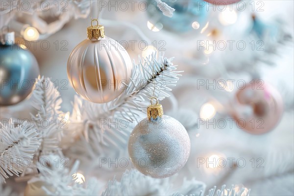Close up of beautiful pastel colored bauble ornaments on branches of white christmas tree.