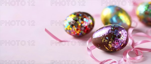 Small chocolate Easter eggs wrapped in shiny foil, placed on a bed of shredded pastel-colored