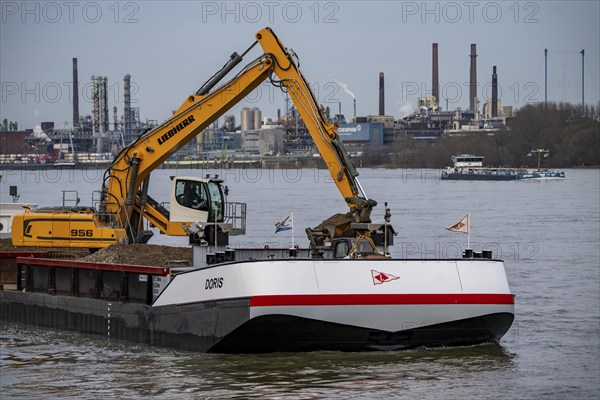 Dredger on the Rhine, dredging gravel into the Rhine, near Leverkusen, North Rhine-Westphalia,