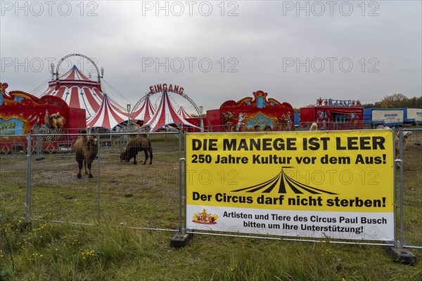 Circus Paul bush, shut down during the second corona lockdown, in Oberhausen, with posters pointing