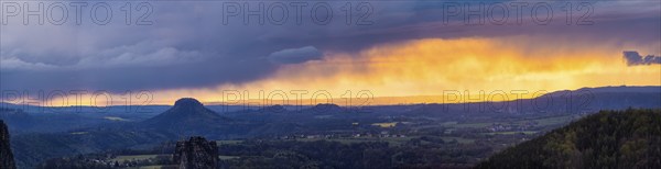 View from the Carolafelsen over Pirna to Dresden. Sunset and rain showers, Bad Schandau, Saxony,