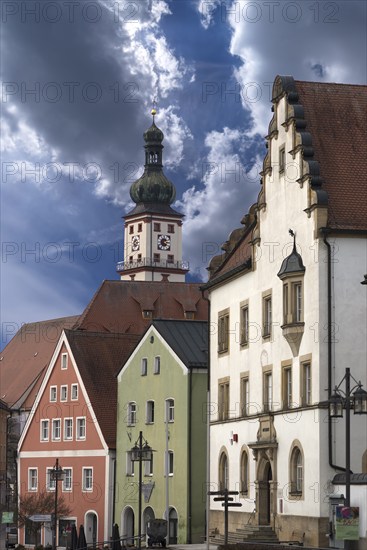 Historic houses on the market square, behind the tower of St Mary's Church, Sulzbach-Rosenberg,